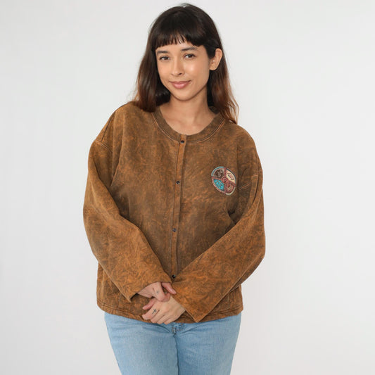 90s Stone Aged Rockwear Southwestern Cardigan Brown Animal Snap Shirt Medium Large