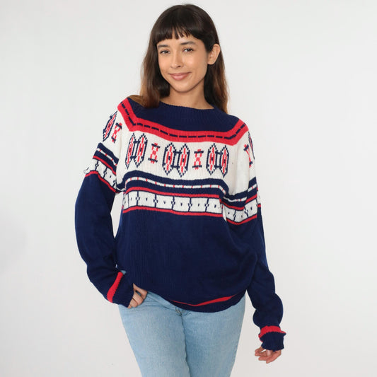 70s Nordic Yoke Sweater Navy Red White Geometric Knit Pullover Medium
