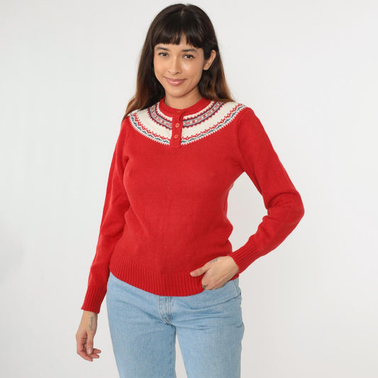 70s Icelandic Geometric Yoke Sweater Red Henley Knit Pullover Extra Small