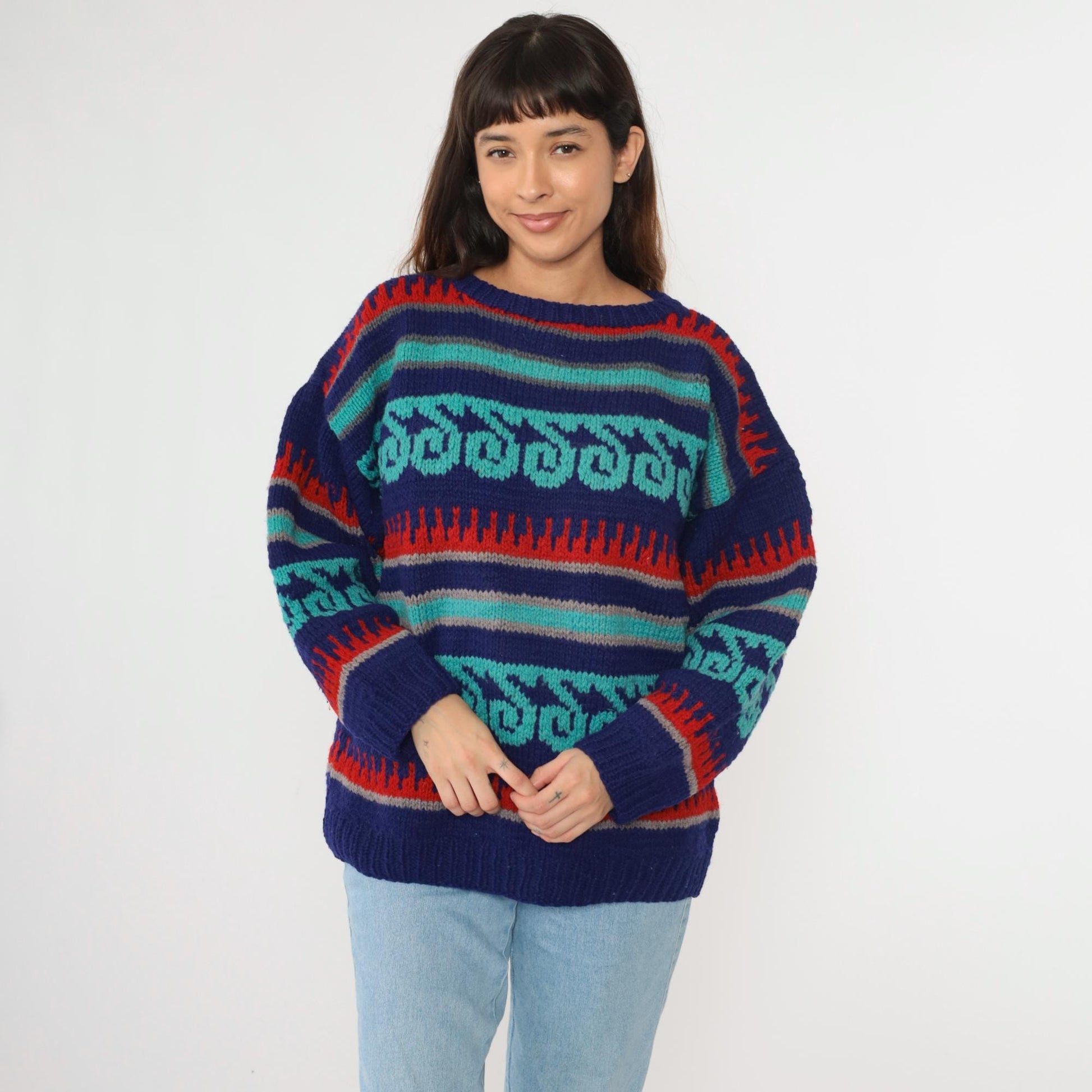90s Geometric Wool Sweater Estonian Striped Crewneck Blue Turquoise Red Extra Large XL
