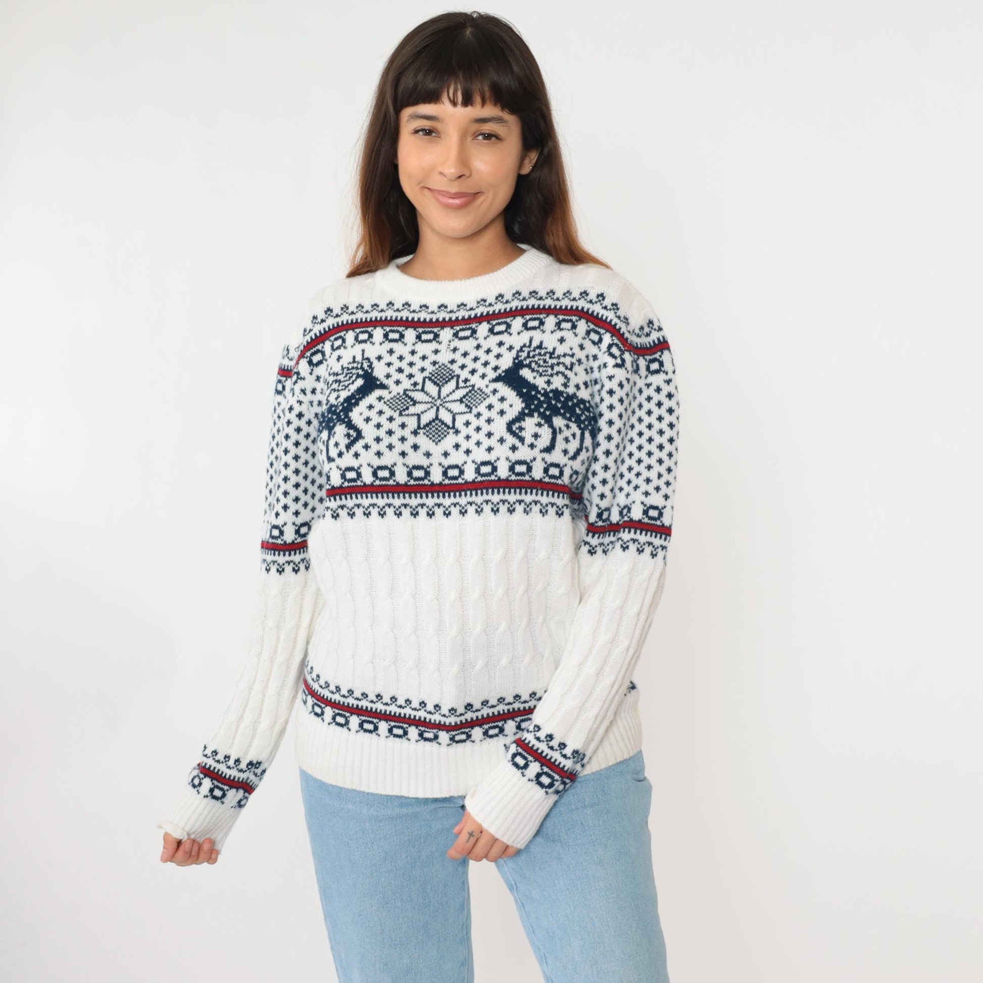 80s Reindeer Fair Isle Sweater White Nordic Snowflake Crewneck Medium
