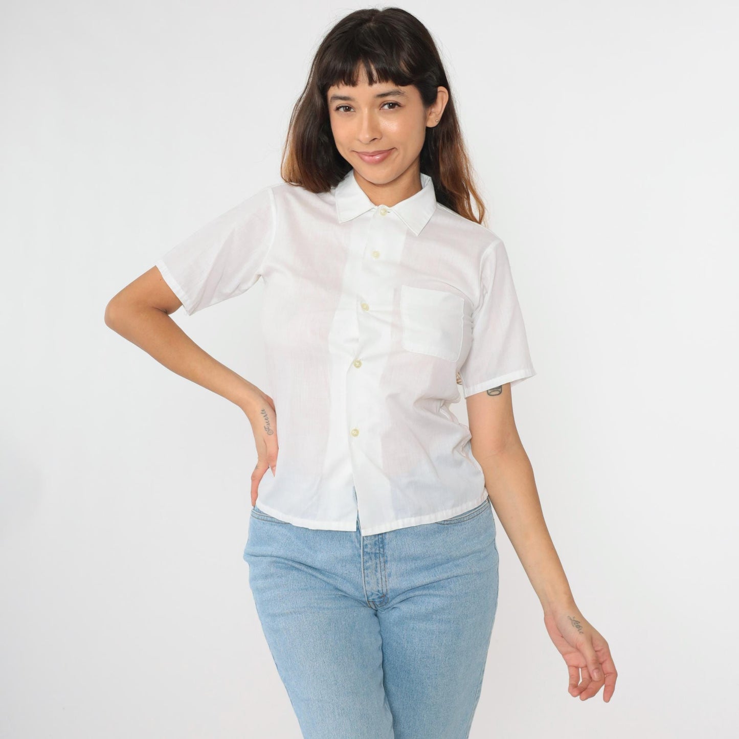 70s White Button Up Shirt Pointed Collar Chest Pocket Short Sleeve Extra Small