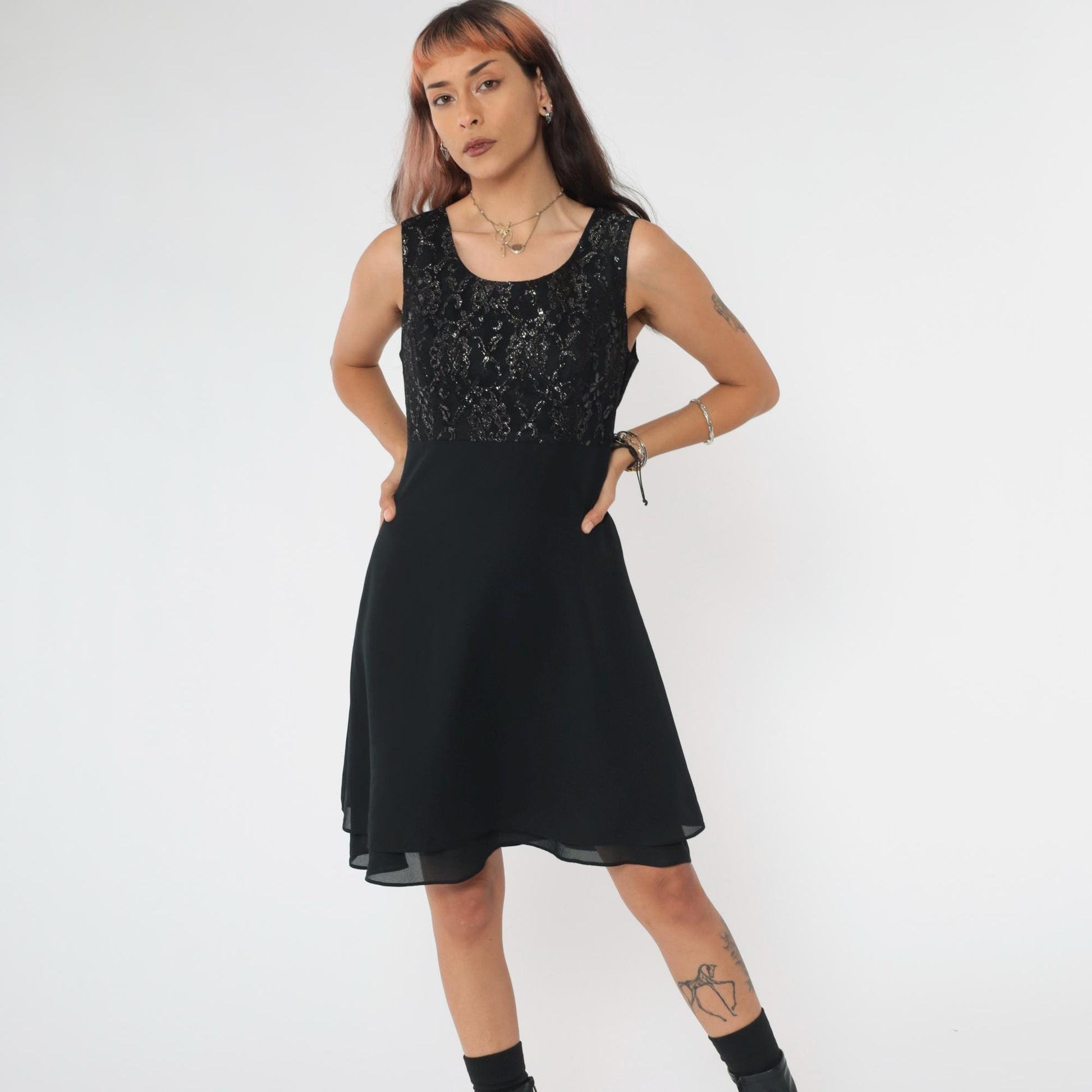 90s Black Lace Mini Dress Metallic Bodice Scoop Neck High Waist Flare Small 6