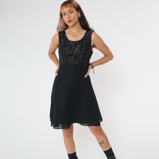 90s Black Lace Mini Dress Metallic Bodice Scoop Neck High Waist Flare Small 6