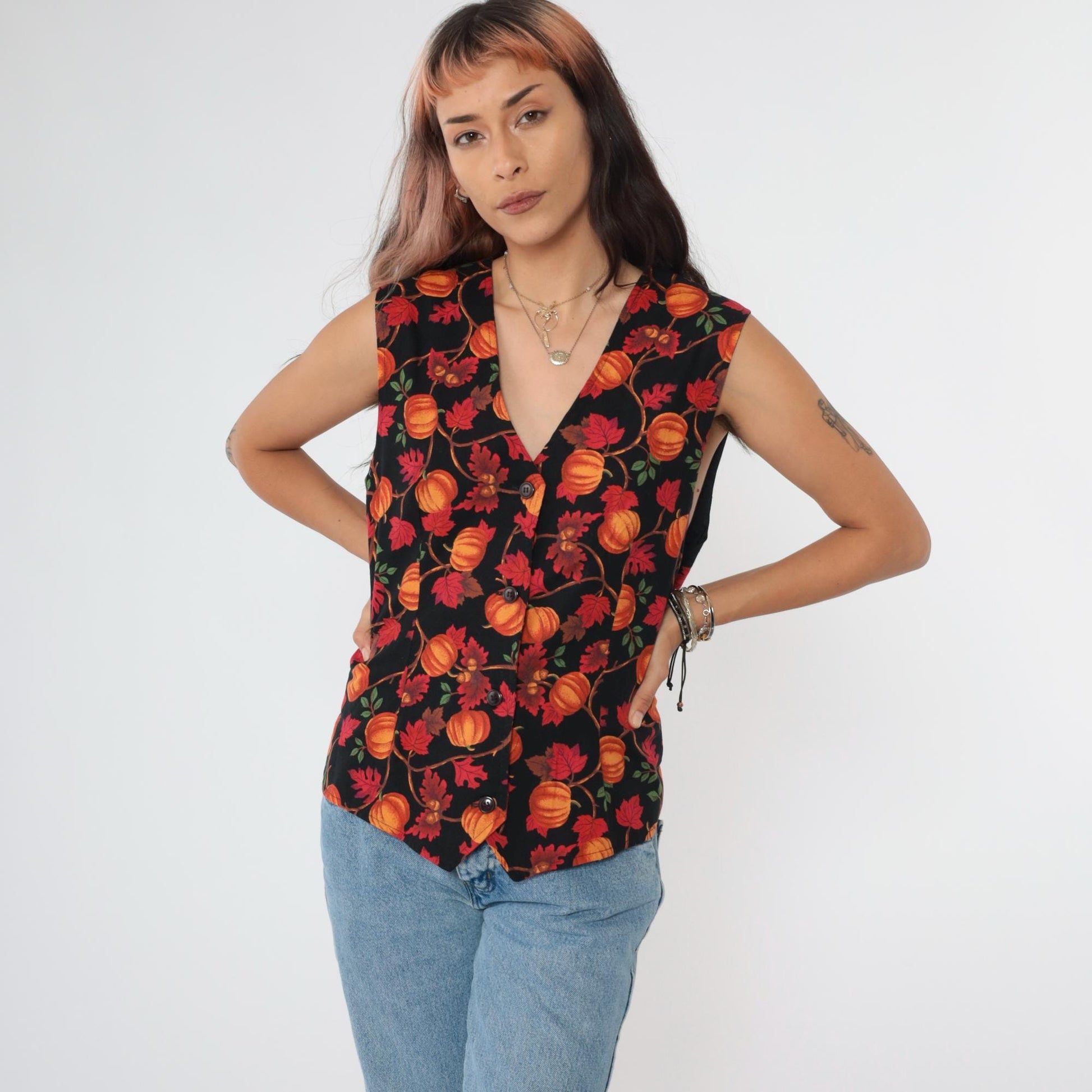 90s Talbots Pumpkin Acorn Leaf Vest Orange Black V-Neck Button-Up Medium
