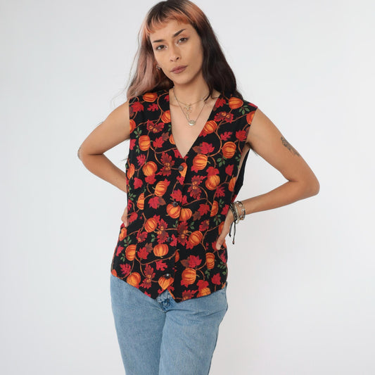 90s Talbots Pumpkin Acorn Leaf Vest Orange Black V-Neck Button-Up Medium