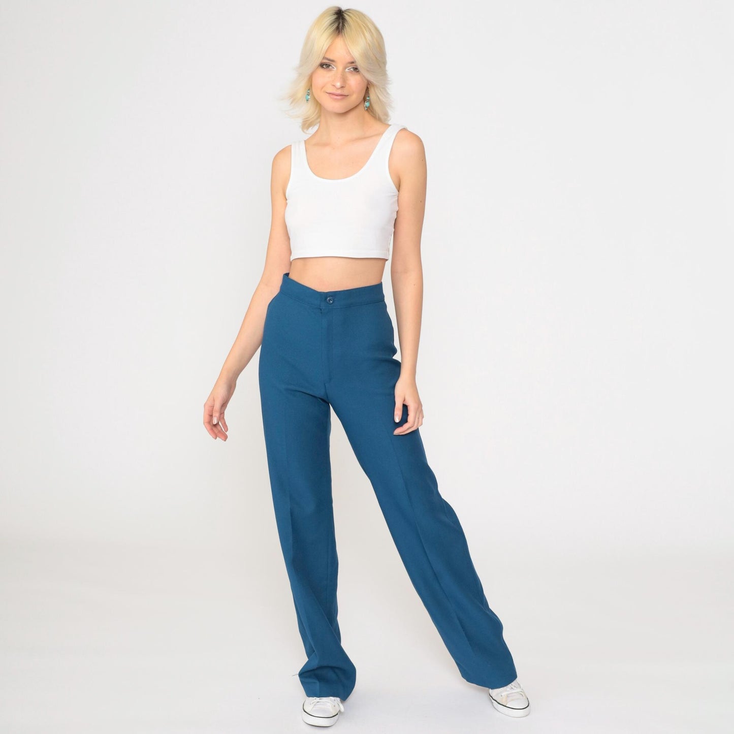 70s High-Rise Straight Leg Trousers Blue Polyester Small S