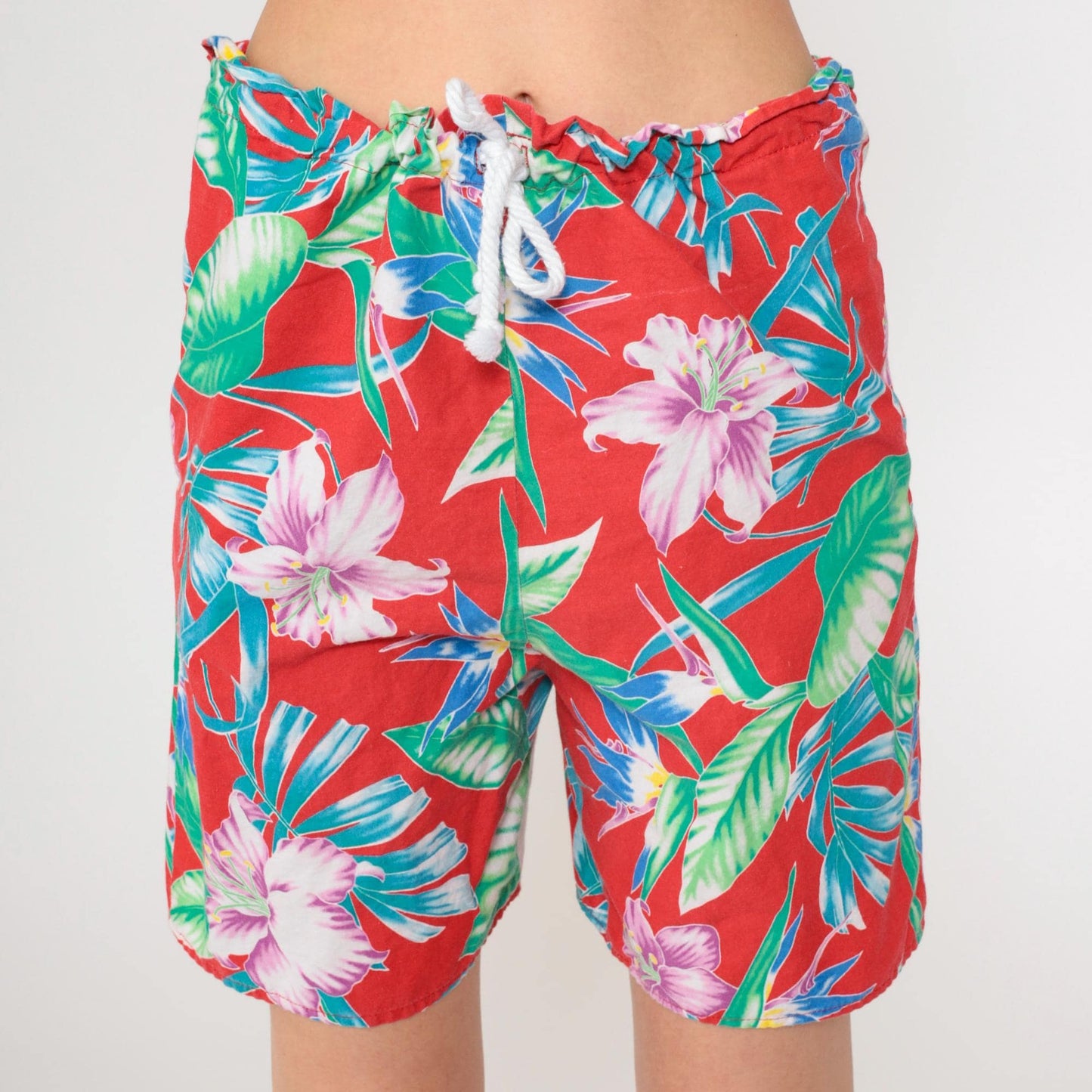 90s Tropical Floral Shorts Red Hawaiian High Drawstring Waist Small Medium