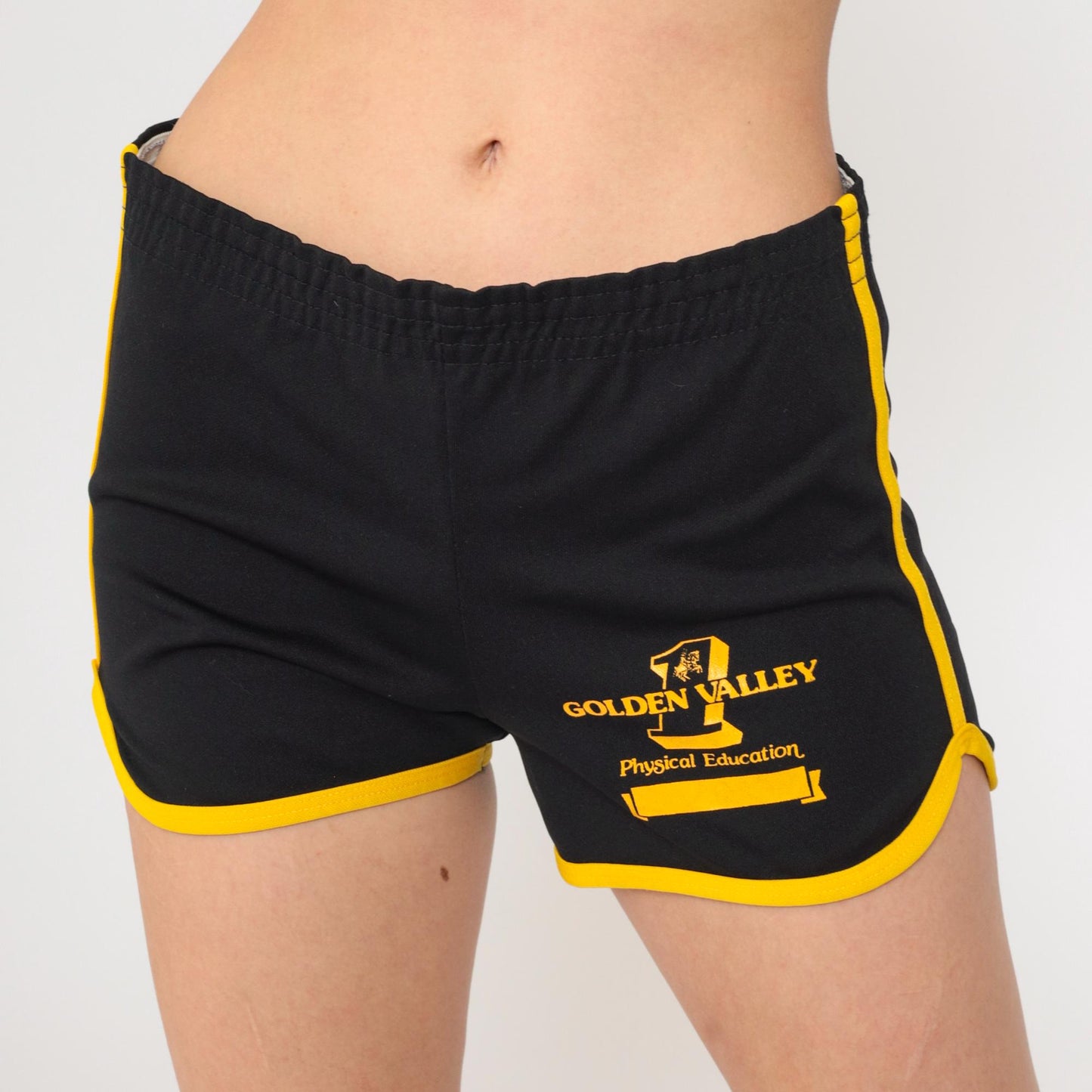 80s Champion Golden Valley PE Black Shorts Yellow Ringer Trim Small S