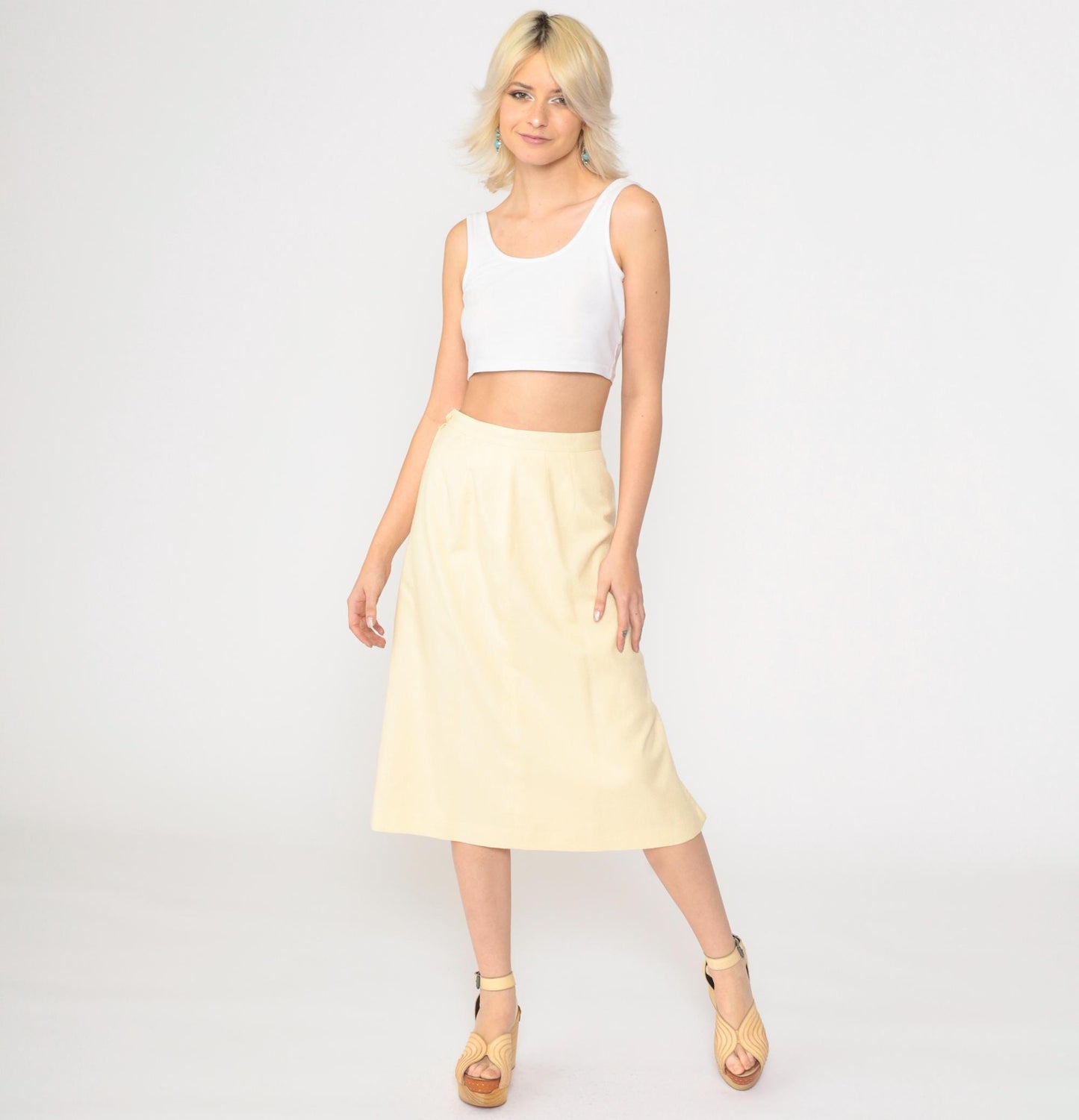 90s Light Yellow Midi Pencil Skirt High Waist Extra Small