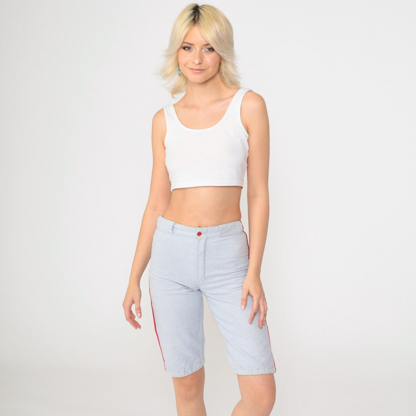 60s Athletic Shorts Grey-Blue Red Side Stripes High Waist Extra Small