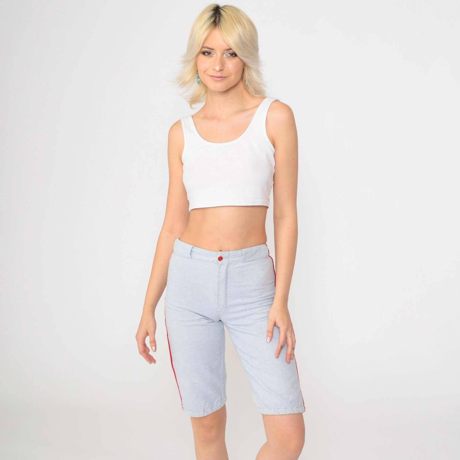 60s Athletic Shorts Grey-Blue Red Side Stripes High Waist Extra Small
