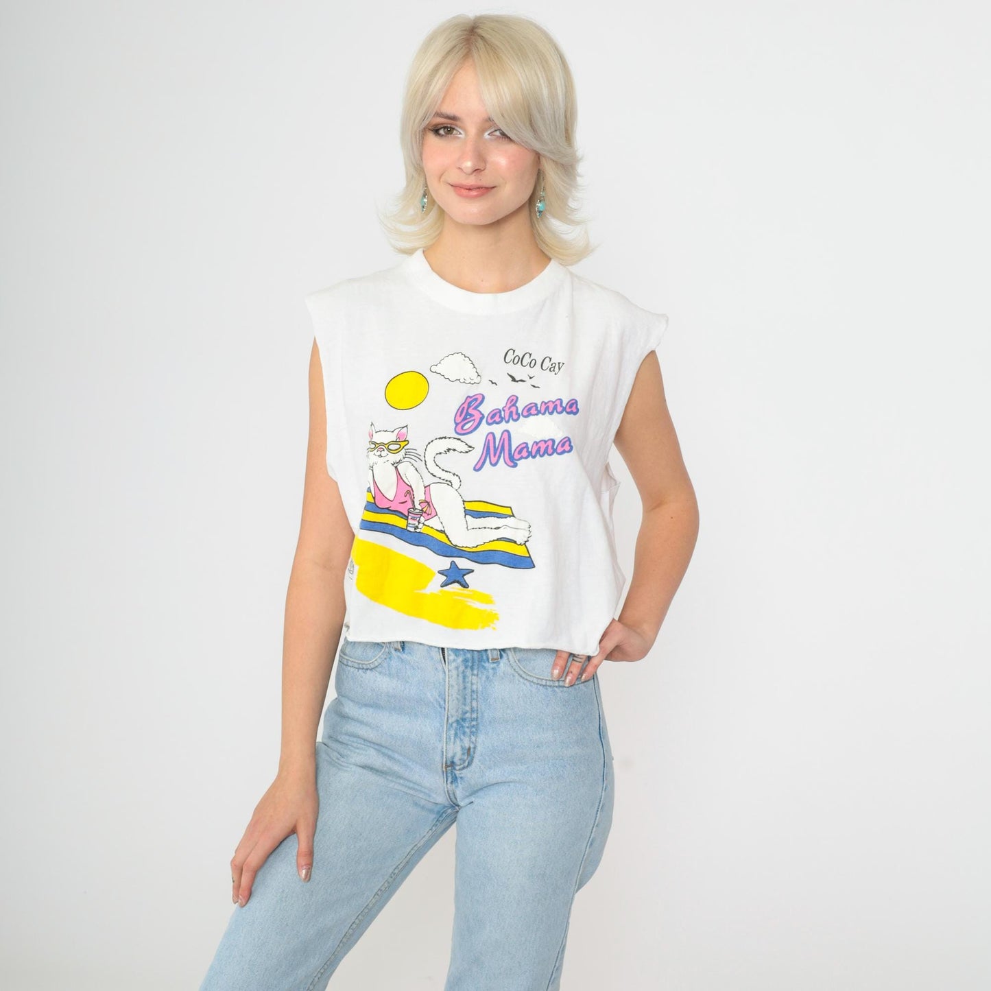 90s Bahama Mama Beach Cat Graphic Tank Top Cutoff Cotton Large L