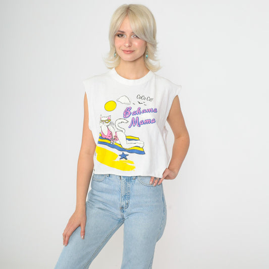 90s Bahama Mama Beach Cat Graphic Tank Top Cutoff Cotton Large L