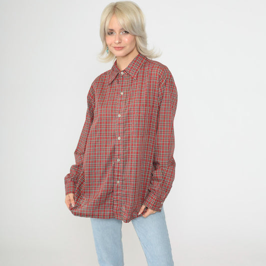 80s Red Plaid Button-Up Shirt Tartan Checkered Long Sleeve Extra Large XL