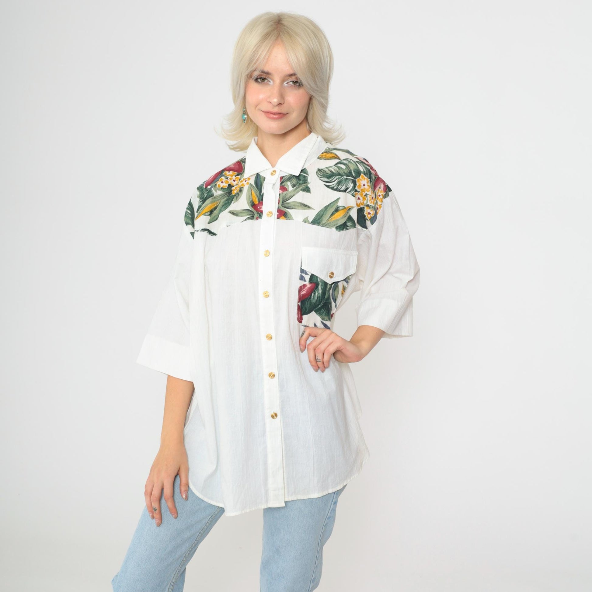90s Tropical Floral Button Up Shirt White Yoke Pocket 3/4 Sleeve Plus Size XXL