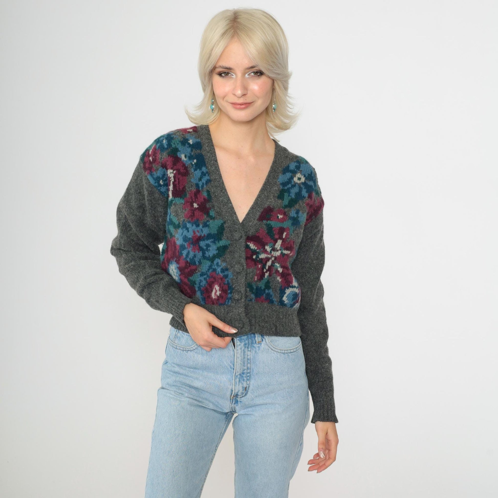 90s J.H Collectibles Wool Cardigan Grey Floral Cropped Angora Knit Small