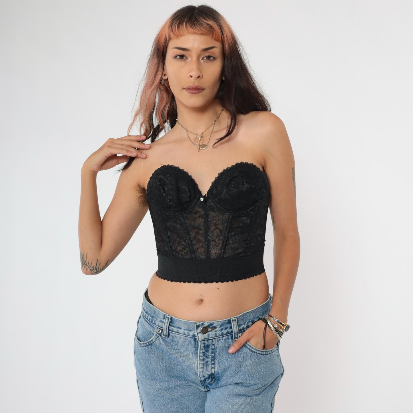 80s Black Lace Bustier Corset Boned Strapless Sweetheart Neckline 34A