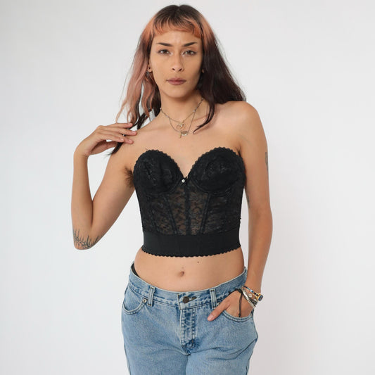 80s Black Lace Bustier Corset Boned Strapless Sweetheart Neckline 34A
