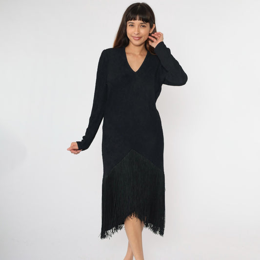 80s Black Fringe Midi Dress V-Neck Long Sleeve Ribbed Sheath Large L