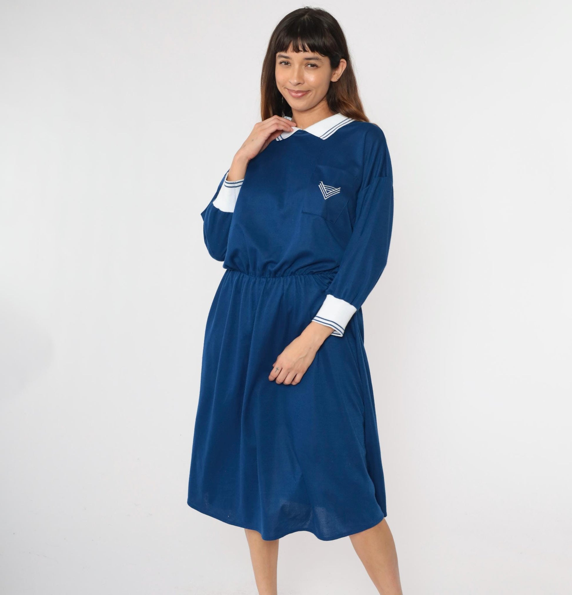 80s Nautical Midi Dress Chevron Crest Collar Long Sleeve Dark Blue Large