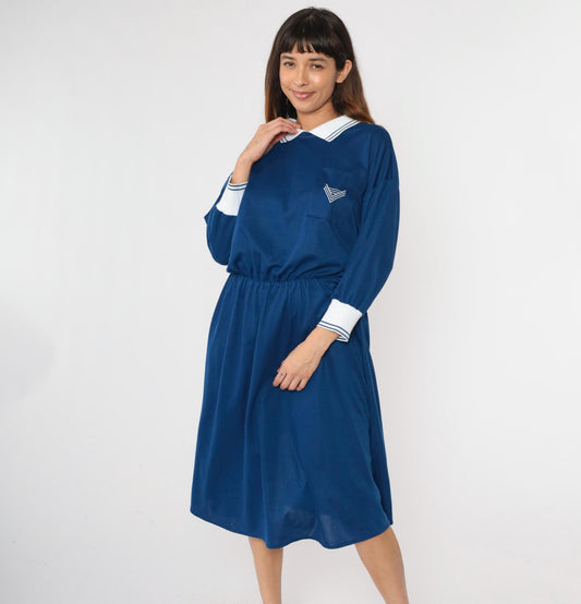 80s Nautical Midi Dress Chevron Crest Collar Long Sleeve Dark Blue Large