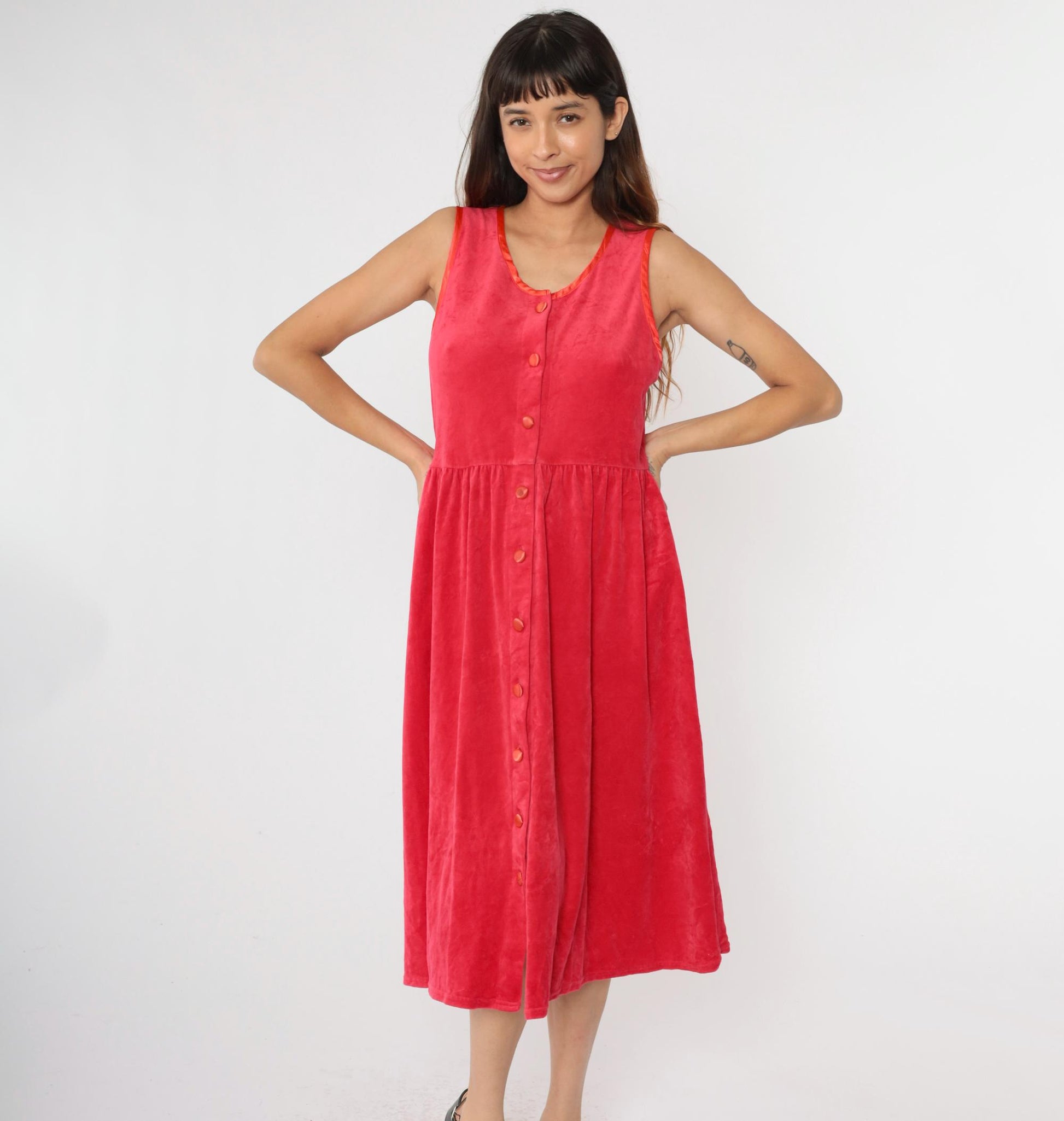 90s Red Velour Button-Up Midi Dress Sleeveless High Waist Medium Petite