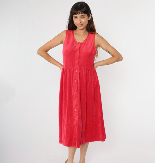 90s Red Velour Button-Up Midi Dress Sleeveless High Waist Medium Petite