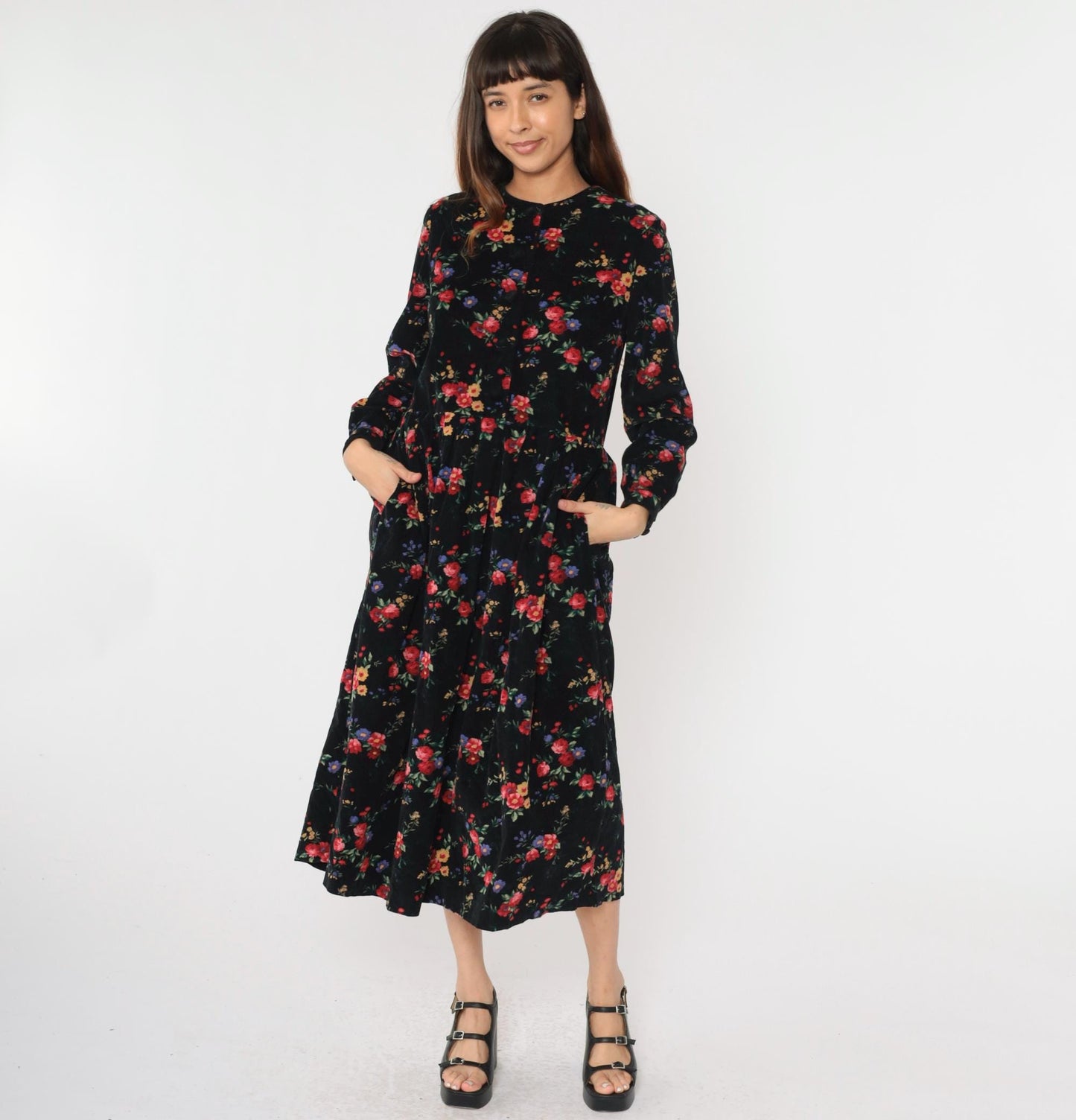90s Talbots Floral Corduroy Midi Dress Black Button-Up High Waist Medium