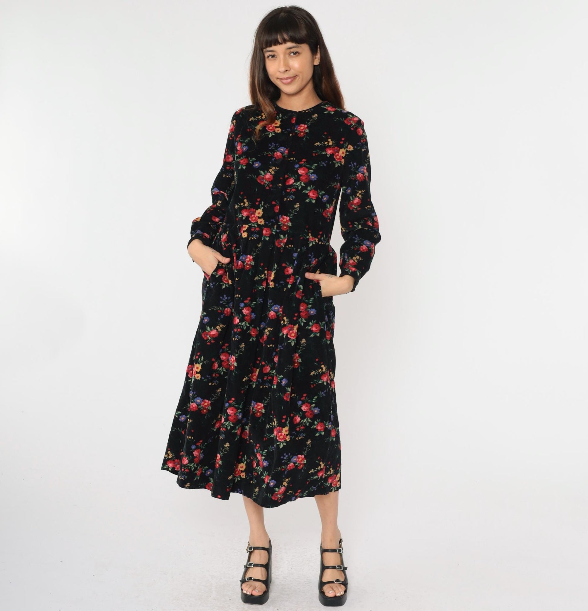 90s Talbots Floral Corduroy Midi Dress Black Button-Up High Waist Medium