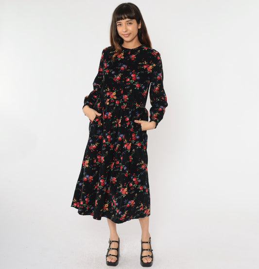 90s Talbots Floral Corduroy Midi Dress Black Button-Up High Waist Medium