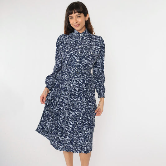 80s Appleseed's Petite Shirtdress Confetti Print Midi Dark Blue White