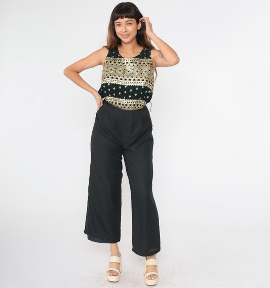 90s Althuser Black Chiffon Jumpsuit Gold Metallic Embroidery Wide Leg Small