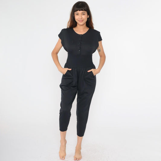 80s Black Button-Up Jumpsuit High Waist Dolman Sleeve Cropped Tapered Small