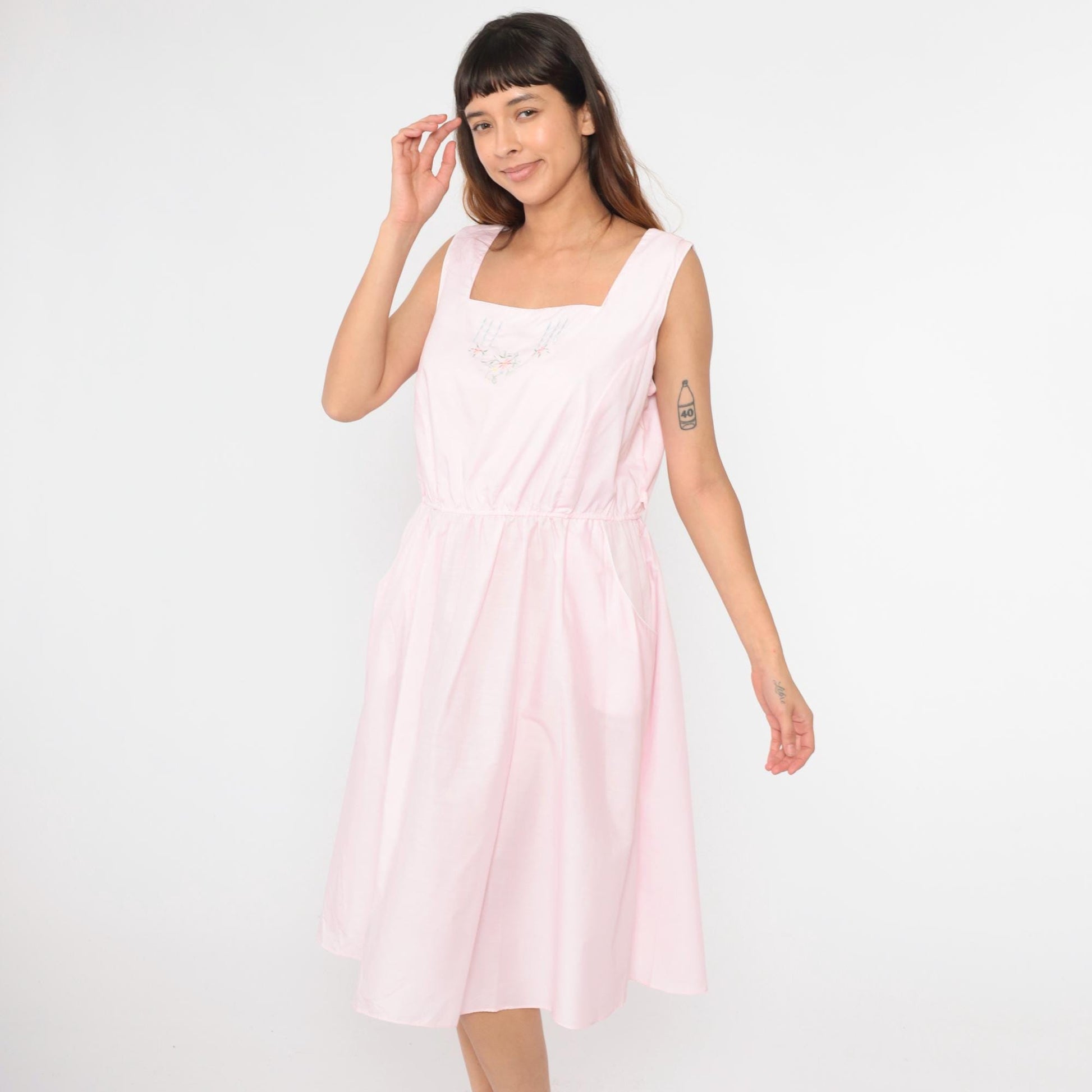 80s Miss Joni of California Baby Pink Floral Midi Dress Cutout Back Extra Large