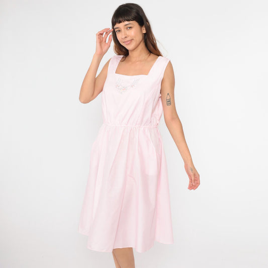 80s Miss Joni of California Baby Pink Floral Midi Dress Cutout Back Extra Large