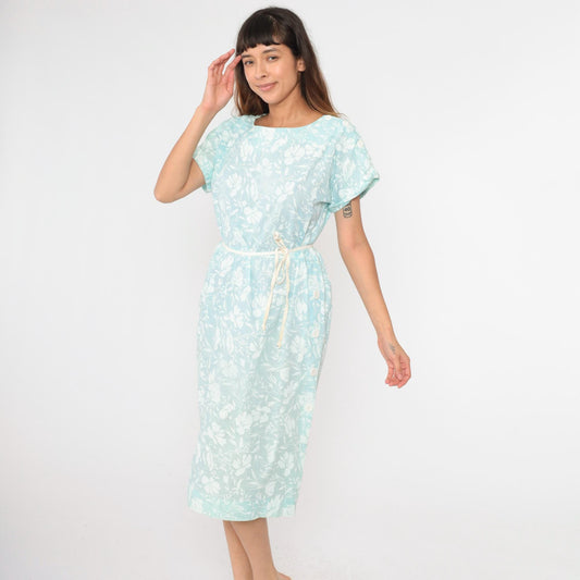 80s Light Blue Floral Midi Dress High Waisted Button Side Slit Dolman Sleeve Large