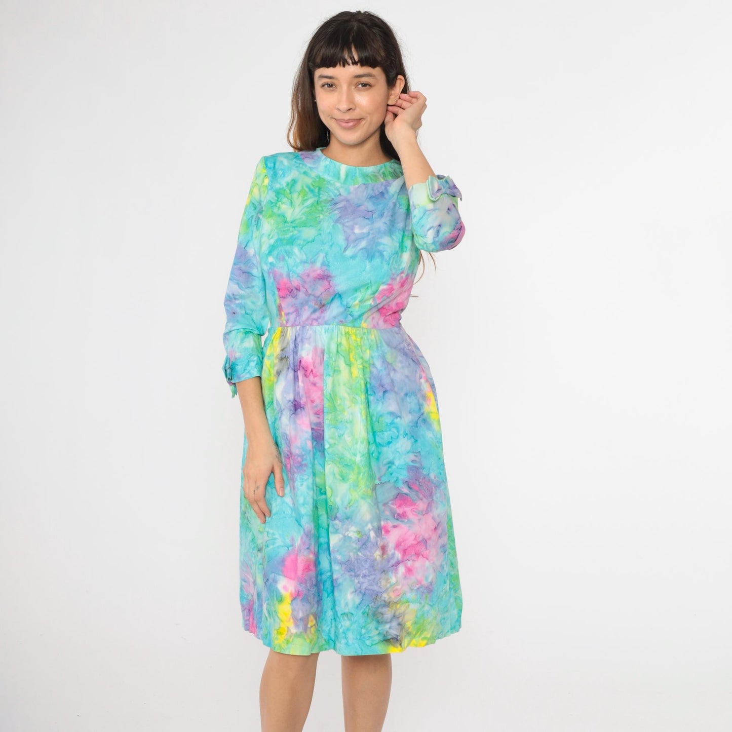70s Tie Dye Dress High Waist Bow 3/4 Sleeve Midi Blue Green Pink Small