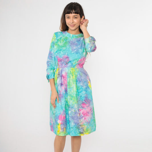 70s Tie Dye Dress High Waist Bow 3/4 Sleeve Midi Blue Green Pink Small