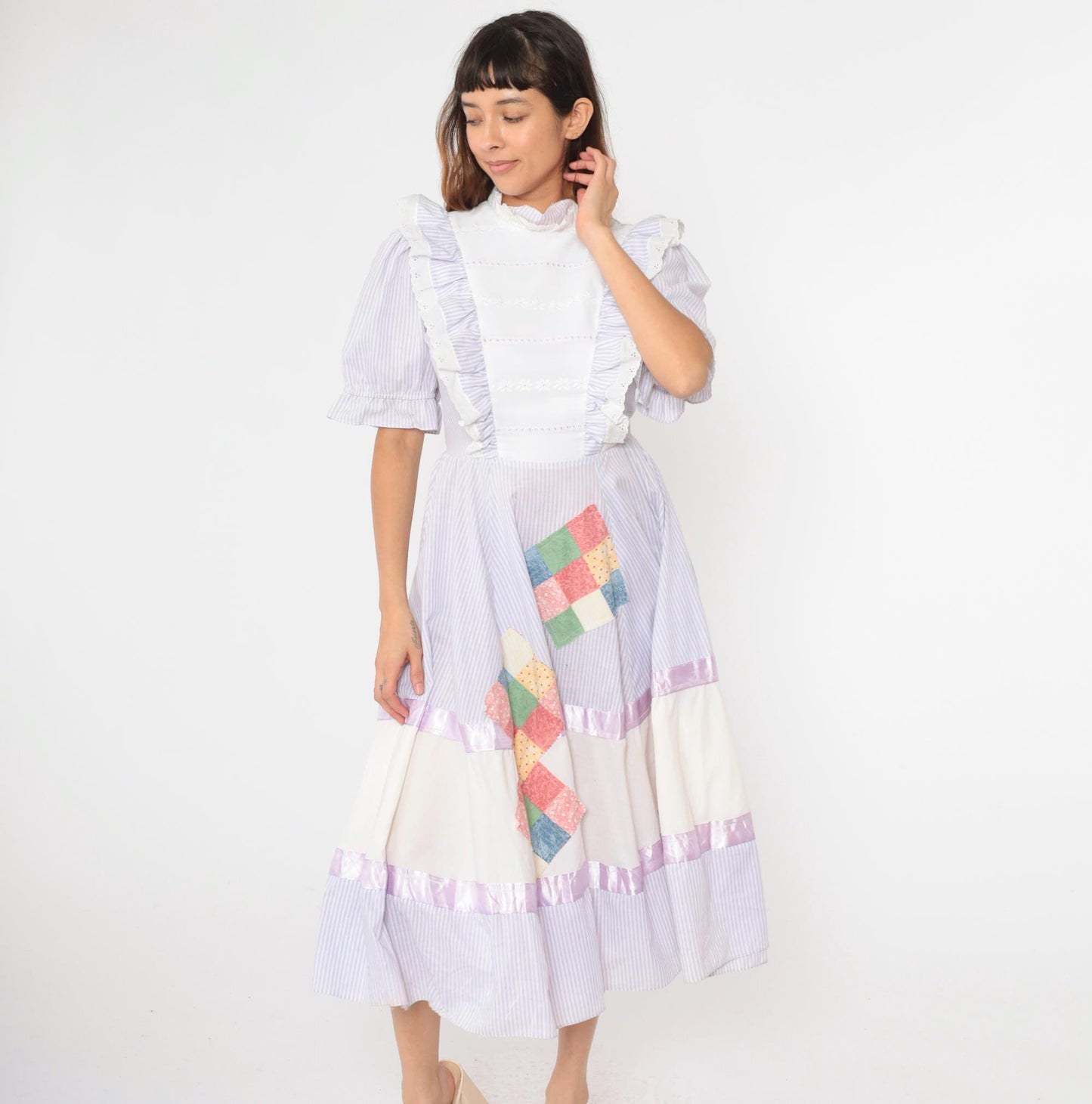 80s Jeri Bee Square Dance Dress Lavender Striped Puff Sleeve Midi Small