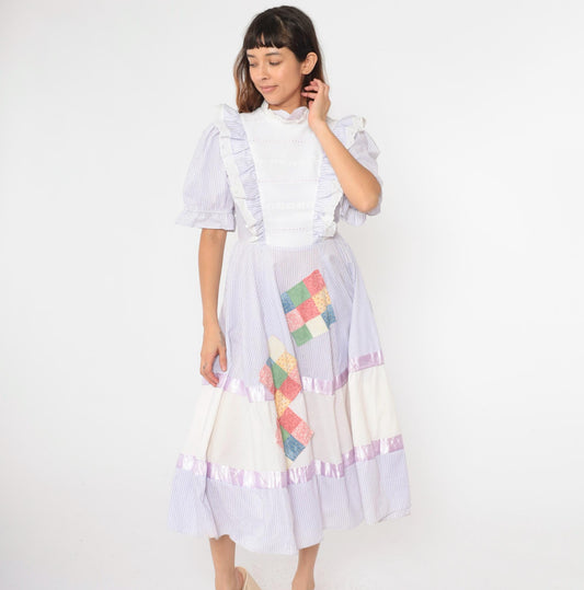 80s Jeri Bee Square Dance Dress Lavender Striped Puff Sleeve Midi Small