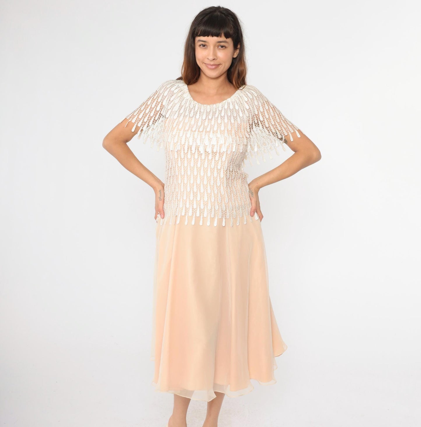 70s Peach Midi Dress Macramé Lace Capelet Chiffon Small