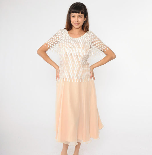 70s Peach Midi Dress Macramé Lace Capelet Chiffon Small