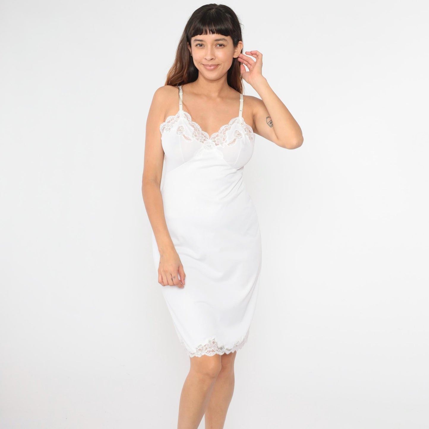 80s White Nylon Slip Dress Lace Trim Empire Waist Spaghetti Strap Knee Length Medium