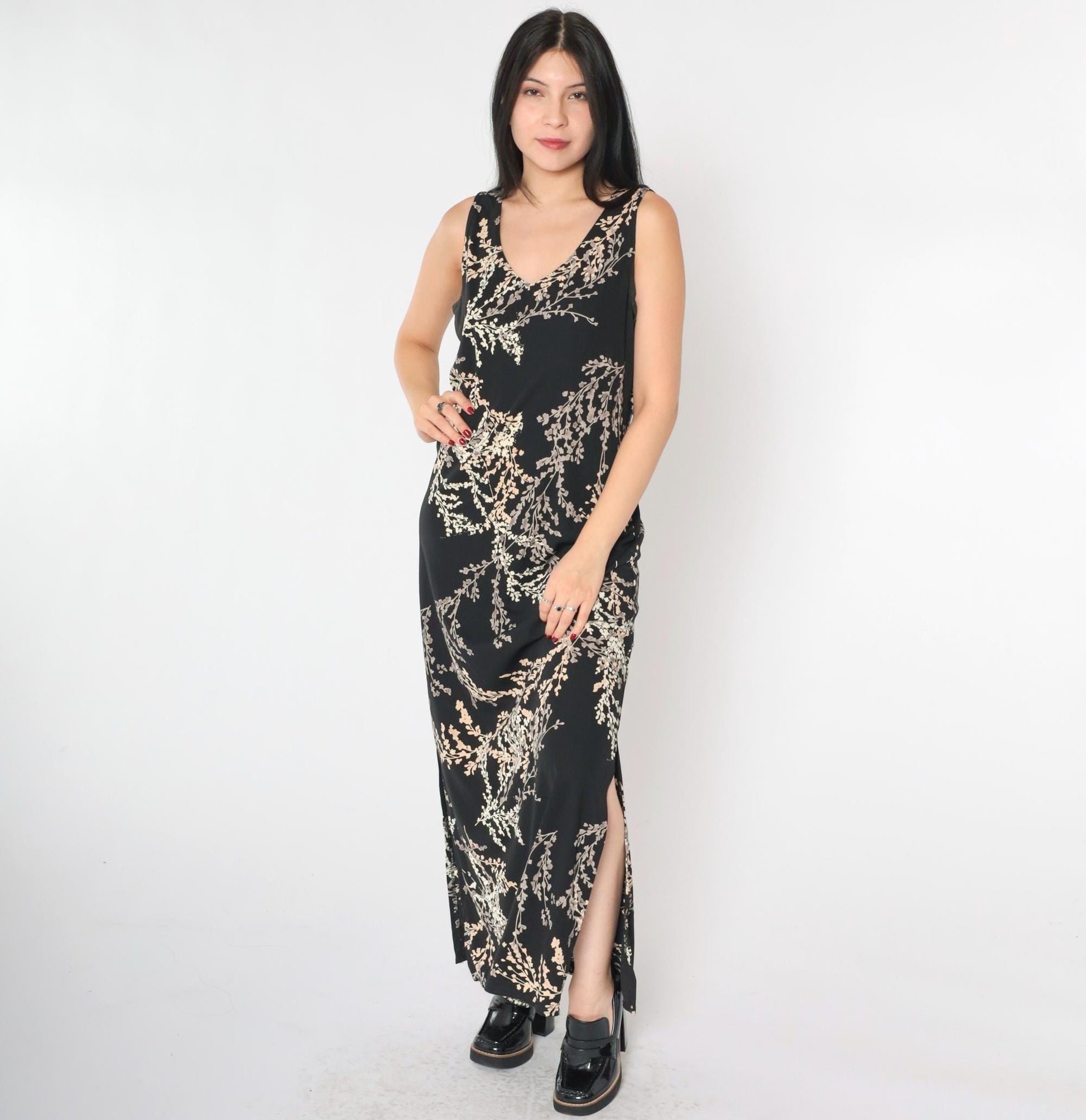 90s Black Floral Maxi Dress Sleeveless V-Neck – Shopexile