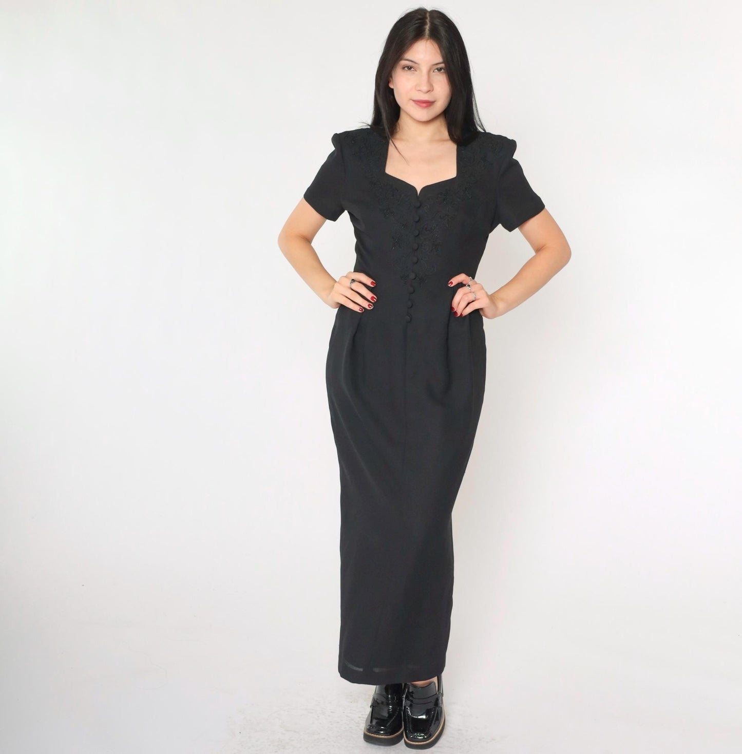 90s Black Soutache Beaded Maxi Dress Button Front Short Sleeve Medium