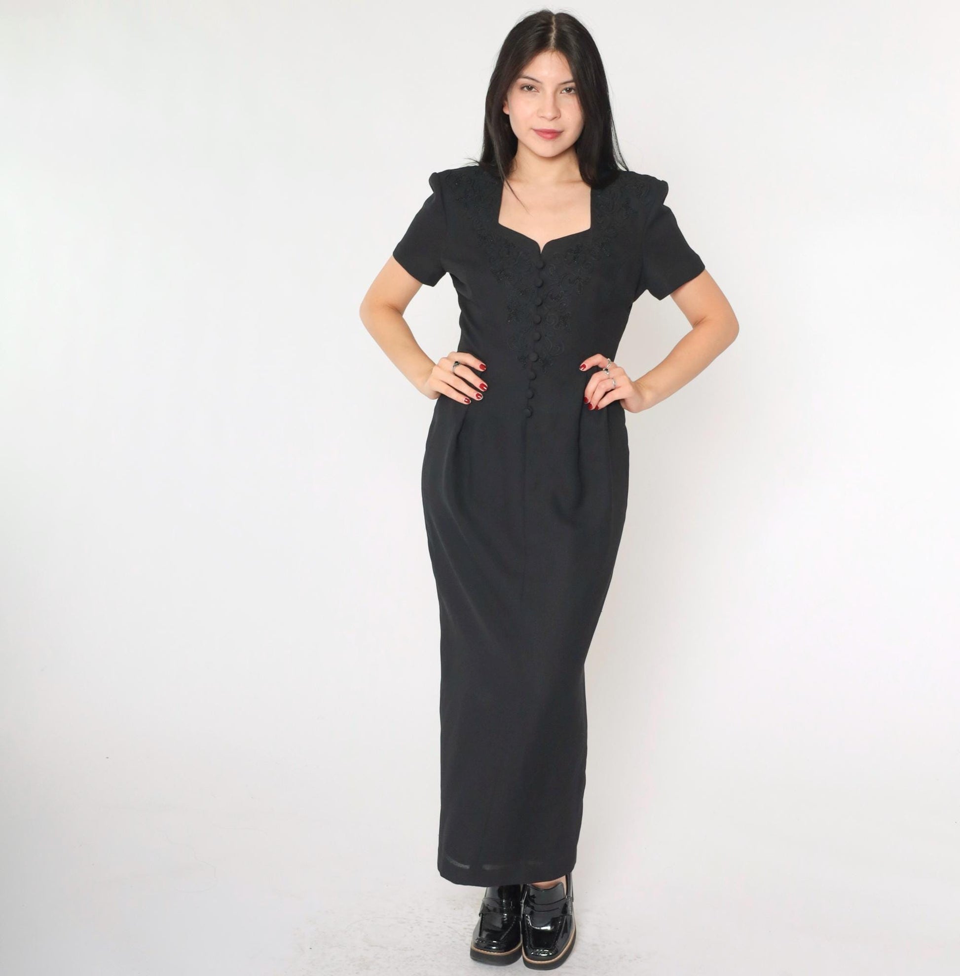 90s Black Soutache Beaded Maxi Dress Button Front Short Sleeve Medium