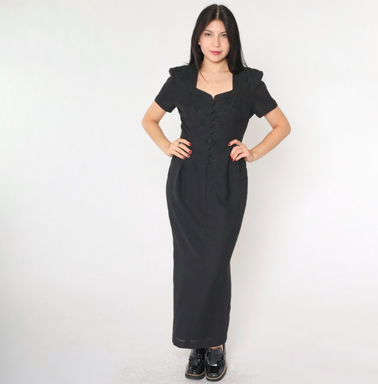90s Black Soutache Beaded Maxi Dress Button Front Short Sleeve Medium