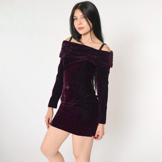 90s Rampage Velvet Mini Dress Off-Shoulder Spaghetti Strap Deep Purple Extra Small