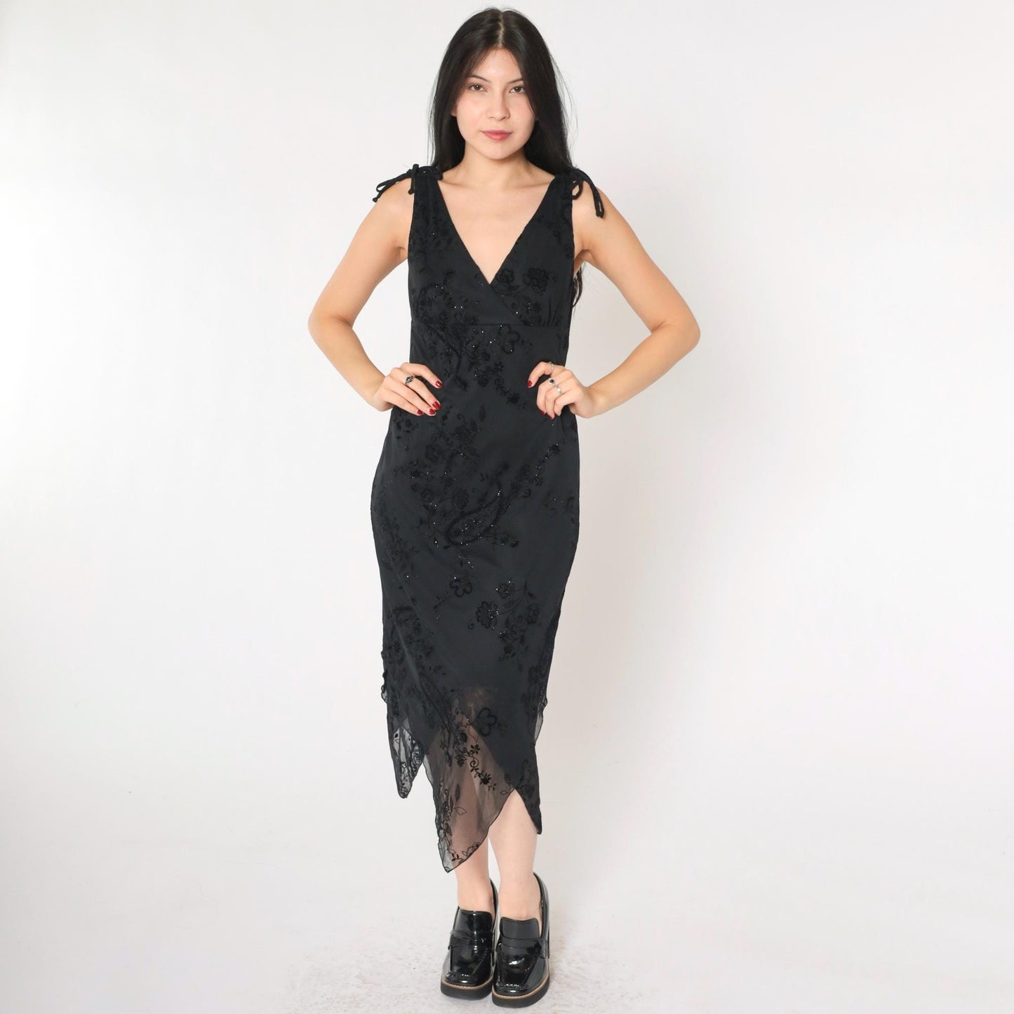 90s City Triangles Sparkly Floral Midi Dress Black Empire Waist V Neck Small